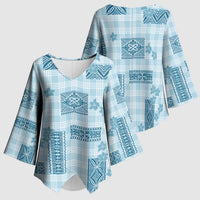 Hawaiian Quilt Tapa On Cold Blue Palaka Motifs Kimono Sleeve Blouse LT7 - Polynesian Pride