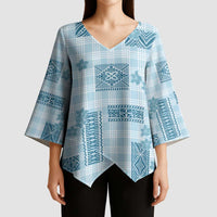 Hawaiian Quilt Tapa On Cold Blue Palaka Motifs Kimono Sleeve Blouse LT7 - Polynesian Pride