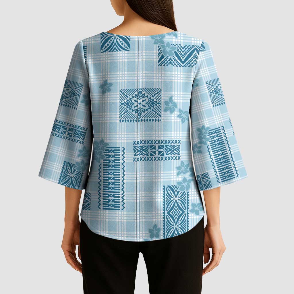 Hawaiian Quilt Tapa On Cold Blue Palaka Motifs Kimono Sleeve Blouse LT7 - Polynesian Pride