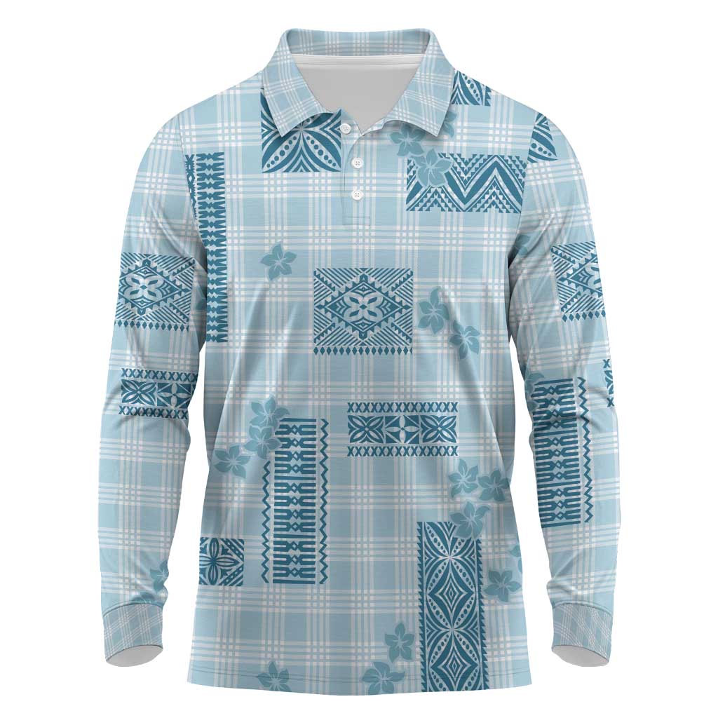 Hawaiian Quilt Tapa On Cold Blue Palaka Motifs Long Sleeve Polo Shirt