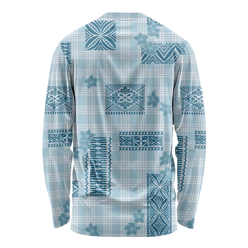 Hawaiian Quilt Tapa On Cold Blue Palaka Motifs Long Sleeve Shirt LT7 - Polynesian Pride