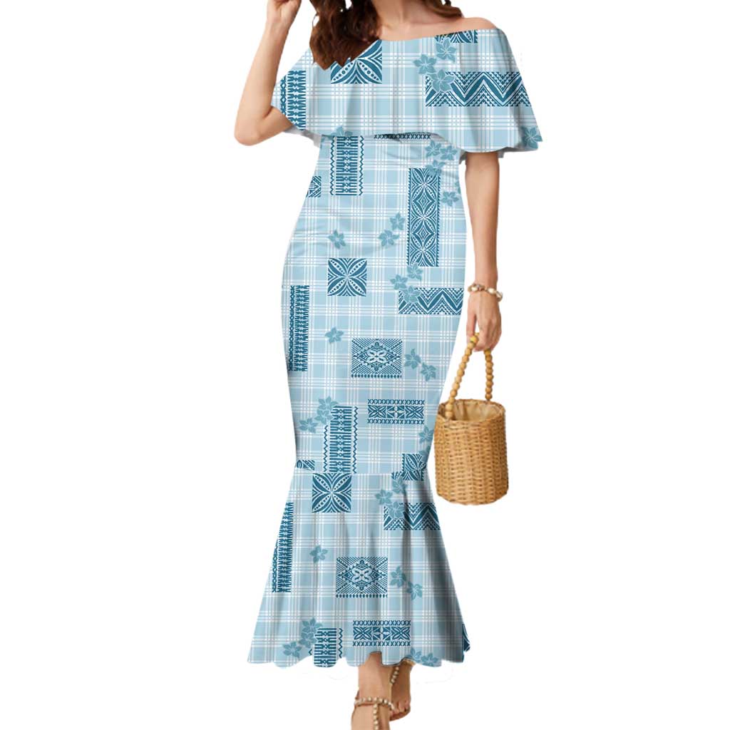 Hawaiian Quilt Tapa On Cold Blue Palaka Motifs Mermaid Dress