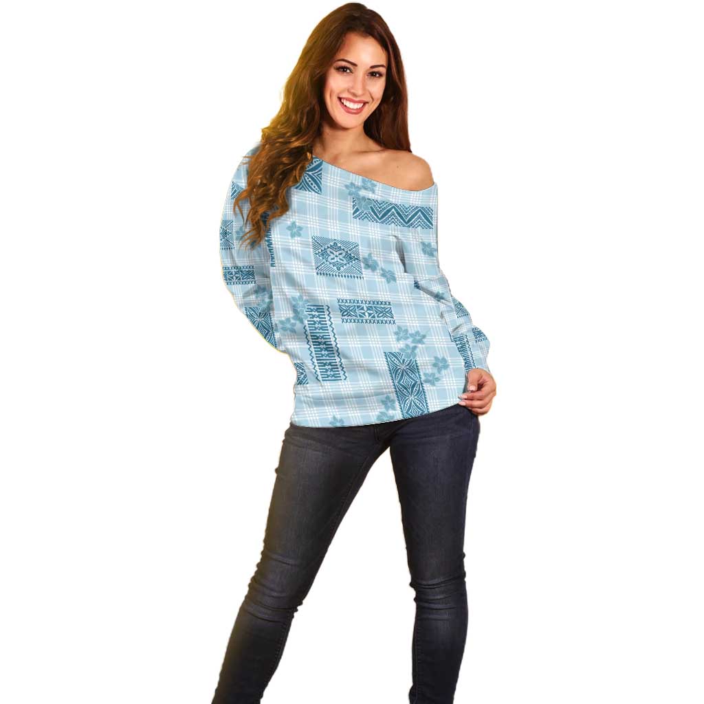 Hawaiian Quilt Tapa On Cold Blue Palaka Motifs Off Shoulder Sweater
