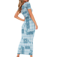 Hawaiian Quilt Tapa On Cold Blue Palaka Motifs Short Sleeve Bodycon Dress