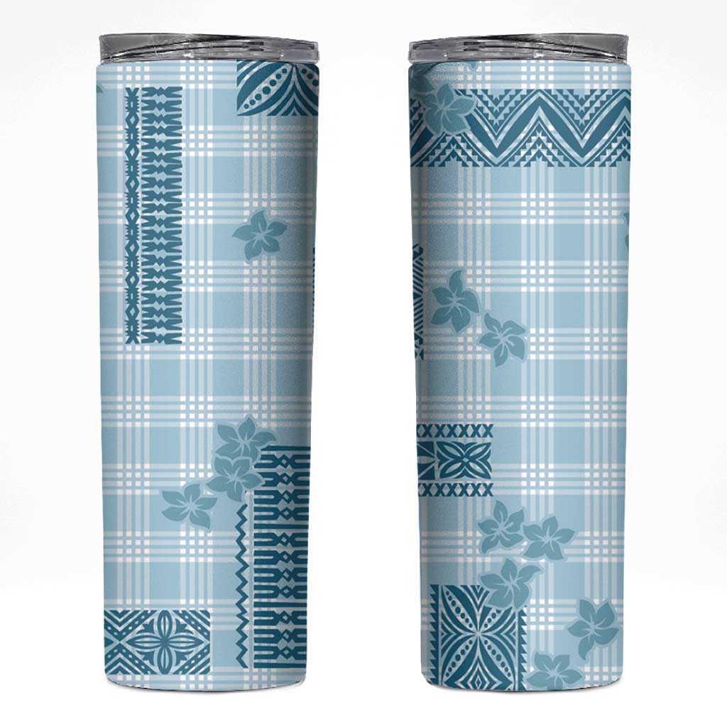 Hawaiian Quilt Tapa On Cold Blue Palaka Motifs Skinny Tumbler LT7 Azure - Polynesian Pride