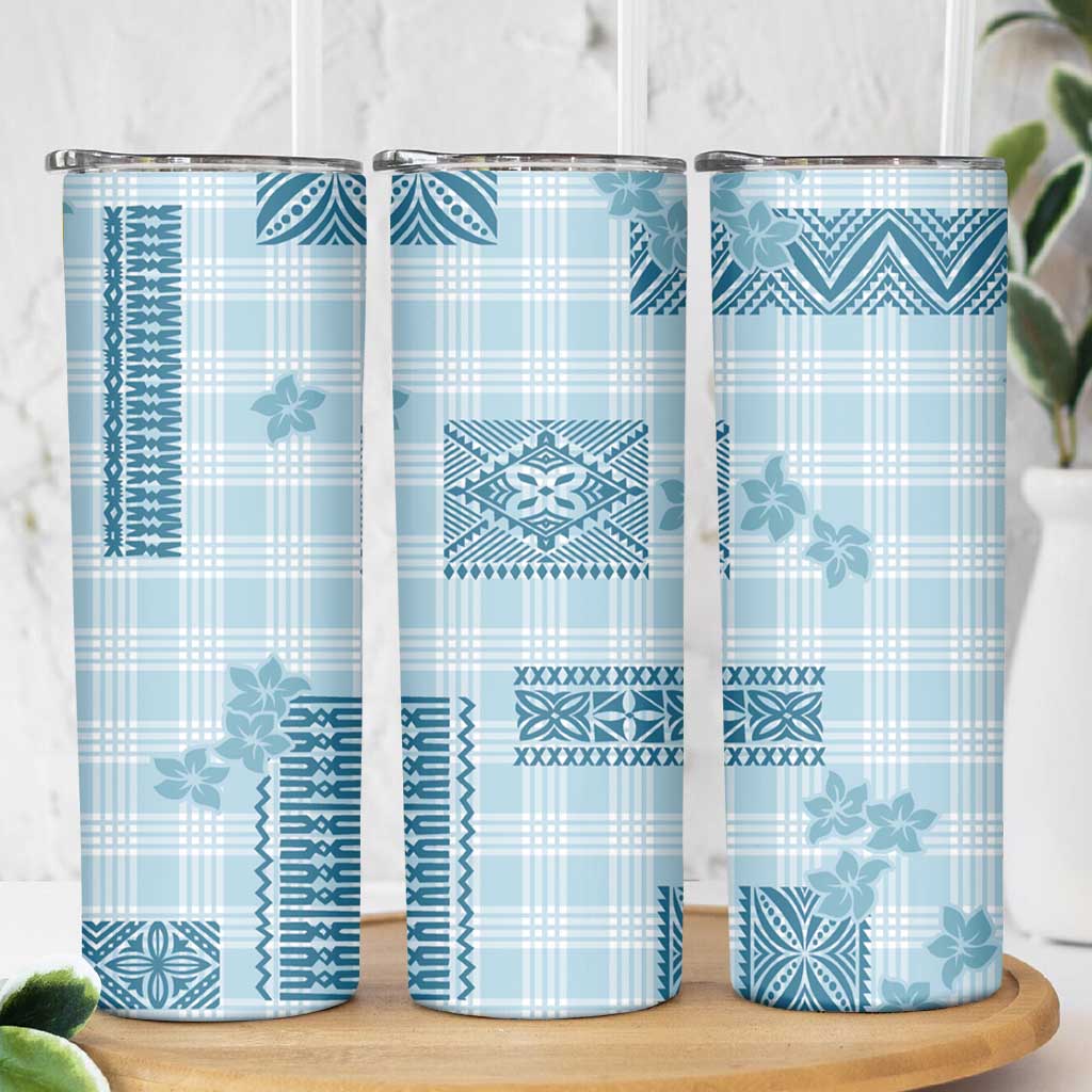 Hawaiian Quilt Tapa On Cold Blue Palaka Motifs Skinny Tumbler LT7 - Polynesian Pride
