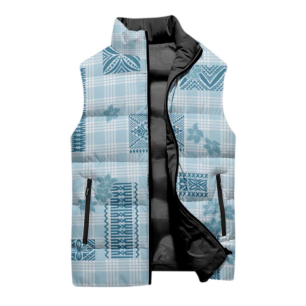 Hawaiian Quilt Tapa On Cold Blue Palaka Motifs Sleeveless Puffer Jacket