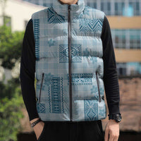Hawaiian Quilt Tapa On Cold Blue Palaka Motifs Sleeveless Puffer Jacket