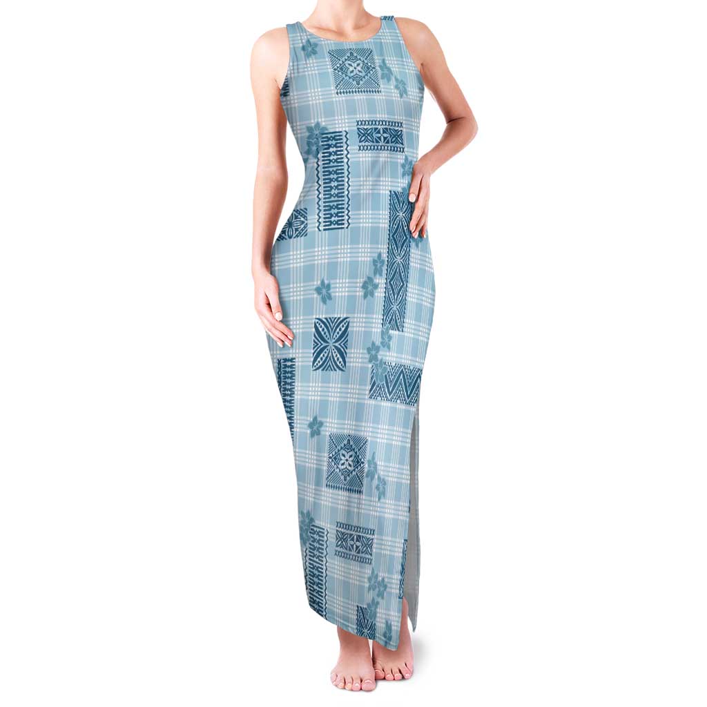 Hawaiian Quilt Tapa On Cold Blue Palaka Motifs Tank Maxi Dress