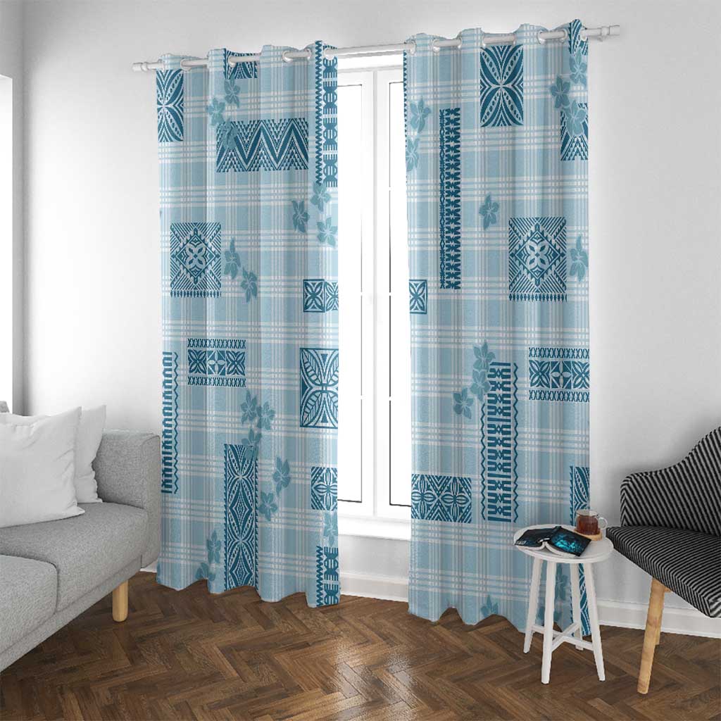 Hawaiian Quilt Tapa On Cold Blue Palaka Motifs Window Curtain