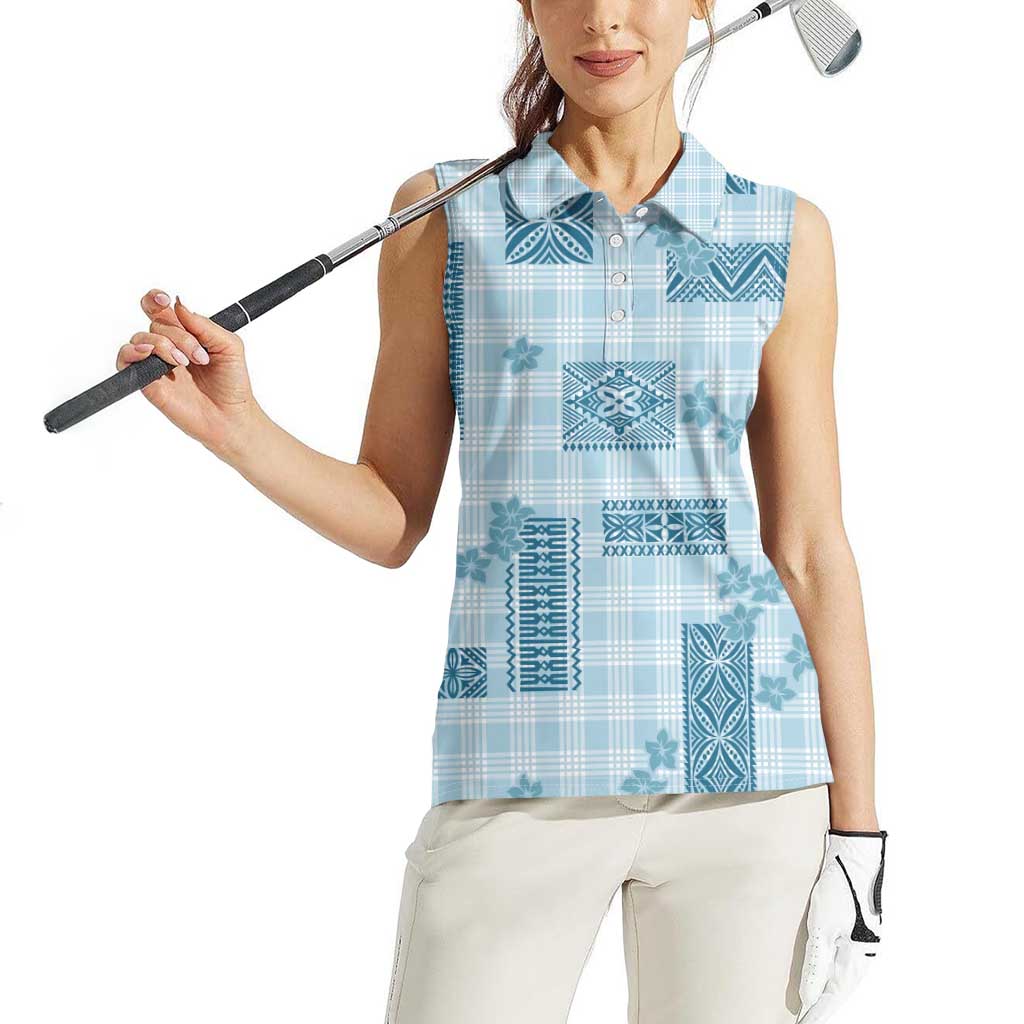 Hawaiian Quilt Tapa On Cold Blue Palaka Motifs Women Sleeveless Polo Shirt