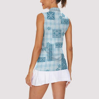 Hawaiian Quilt Tapa On Cold Blue Palaka Motifs Women Sleeveless Polo Shirt