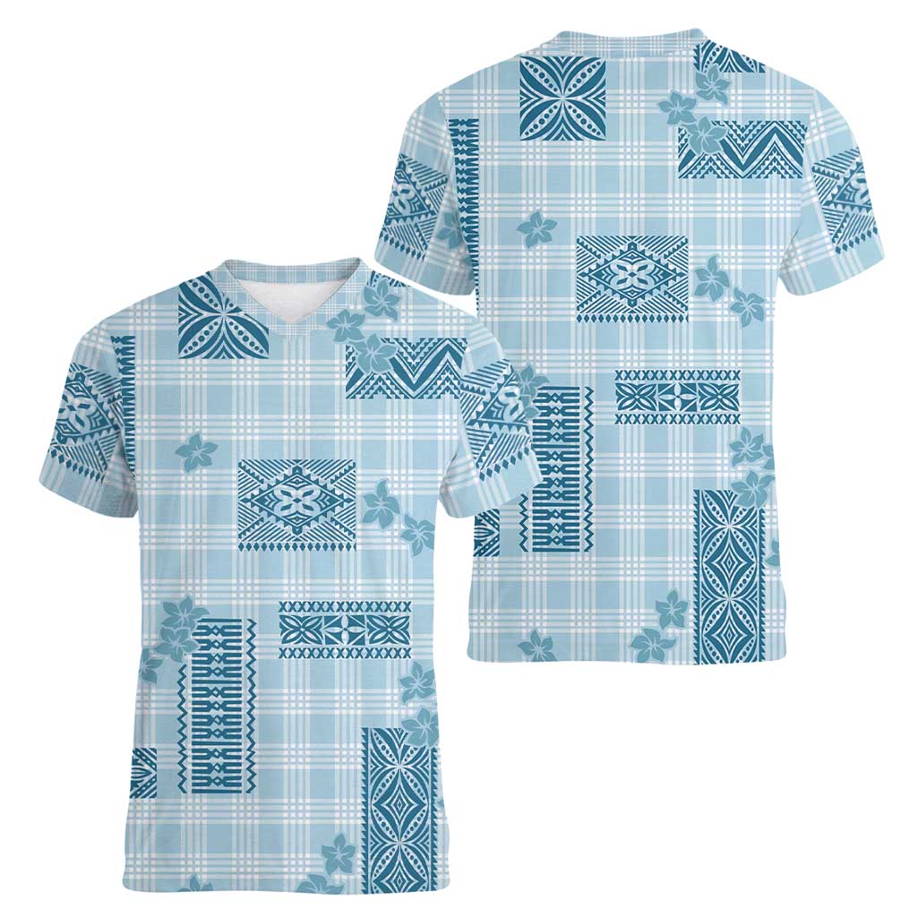 Hawaiian Quilt Tapa On Cold Blue Palaka Motifs Women V-Neck T-Shirt