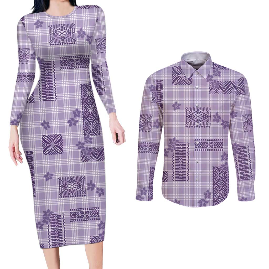 Hawaiian Quilt Tapa On Lilac Palaka Motifs Couples Matching Long Sleeve Bodycon Dress and Long Sleeve Button Shirt