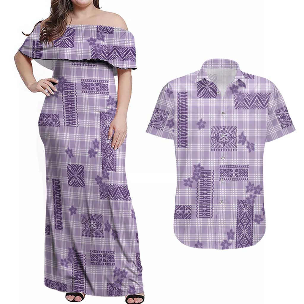 Hawaiian Quilt Tapa On Lilac Palaka Motifs Couples Matching Off Shoulder Maxi Dress and Hawaiian Shirt