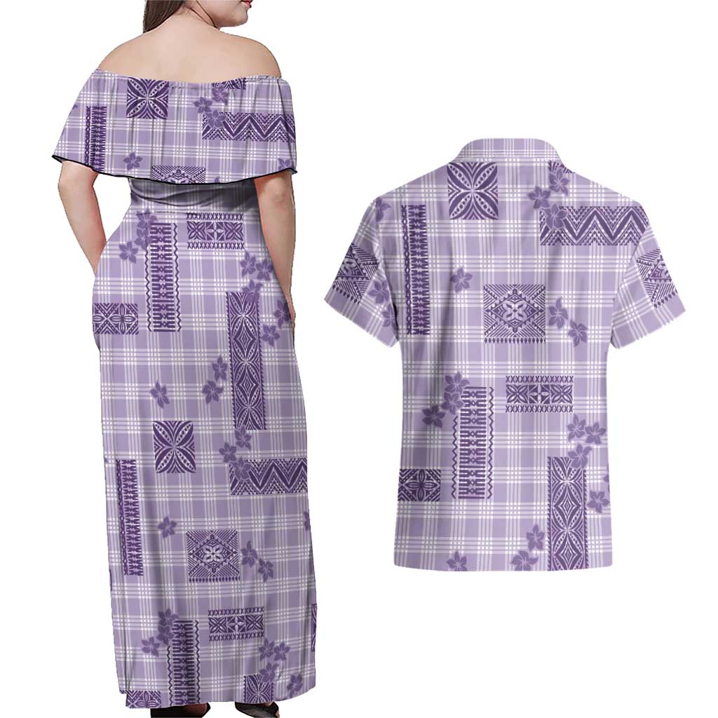 Hawaiian Quilt Tapa On Lilac Palaka Motifs Couples Matching Off Shoulder Maxi Dress and Hawaiian Shirt