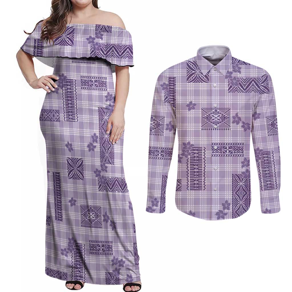 Hawaiian Quilt Tapa On Lilac Palaka Motifs Couples Matching Off Shoulder Maxi Dress and Long Sleeve Button Shirt