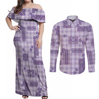 Hawaiian Quilt Tapa On Lilac Palaka Motifs Couples Matching Off Shoulder Maxi Dress and Long Sleeve Button Shirt