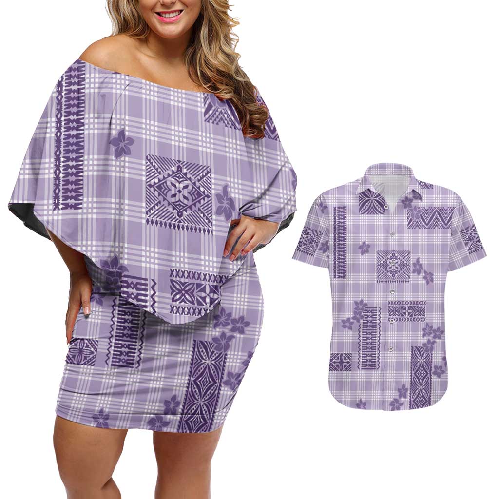 Hawaiian Quilt Tapa On Lilac Palaka Motifs Couples Matching Off Shoulder Short Dress and Hawaiian Shirt