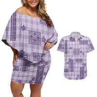Hawaiian Quilt Tapa On Lilac Palaka Motifs Couples Matching Off Shoulder Short Dress and Hawaiian Shirt