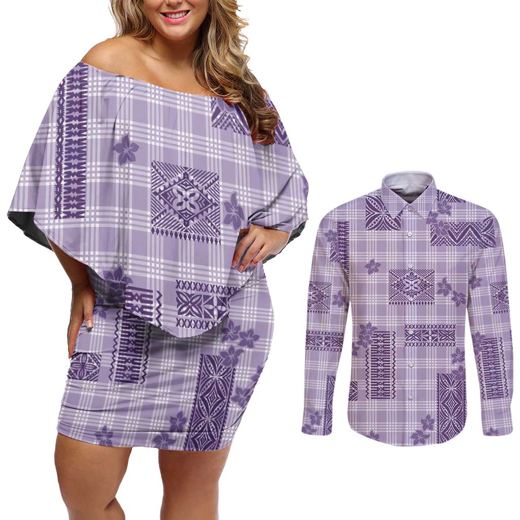 Hawaiian Quilt Tapa On Lilac Palaka Motifs Couples Matching Off Shoulder Short Dress and Long Sleeve Button Shirt