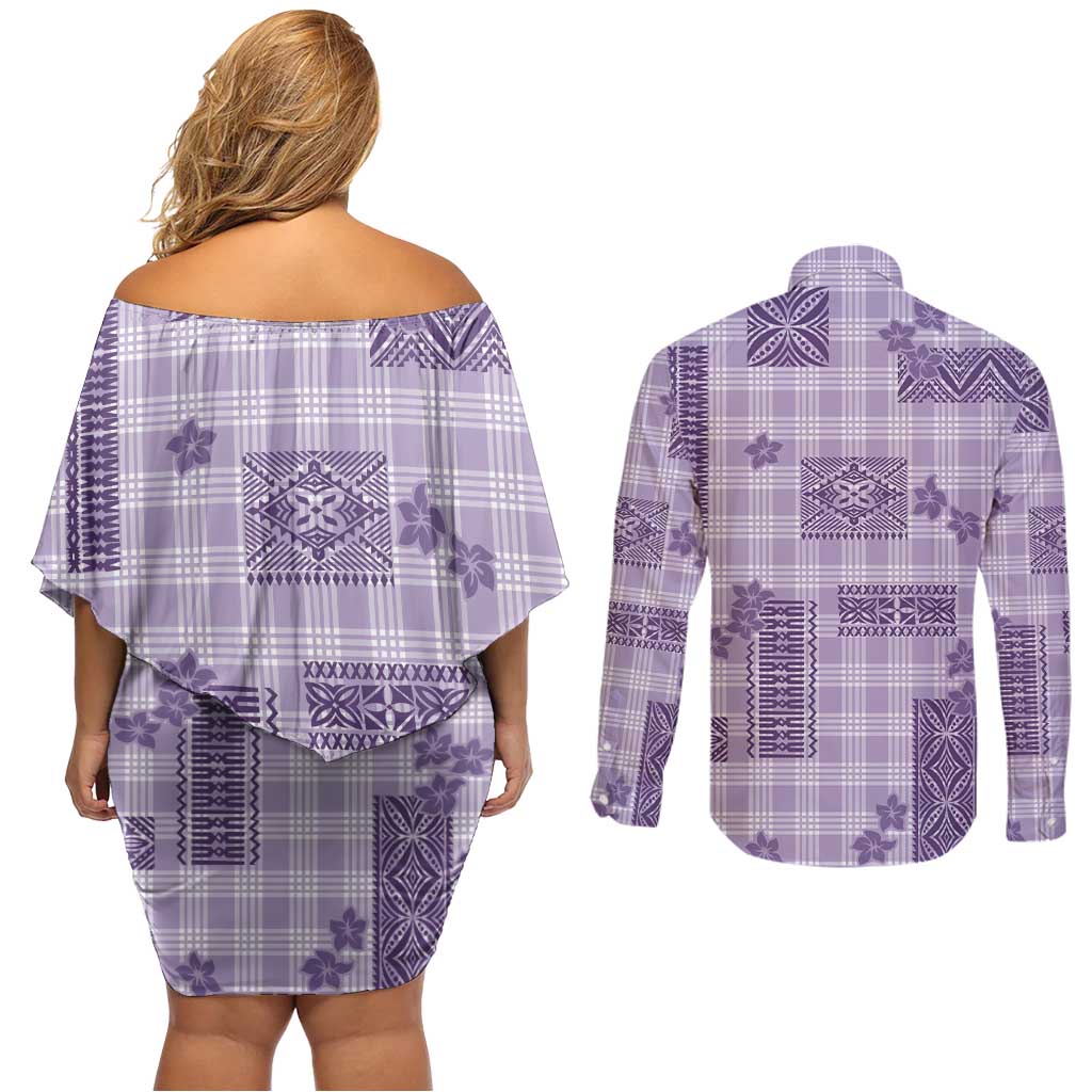 Hawaiian Quilt Tapa On Lilac Palaka Motifs Couples Matching Off Shoulder Short Dress and Long Sleeve Button Shirt