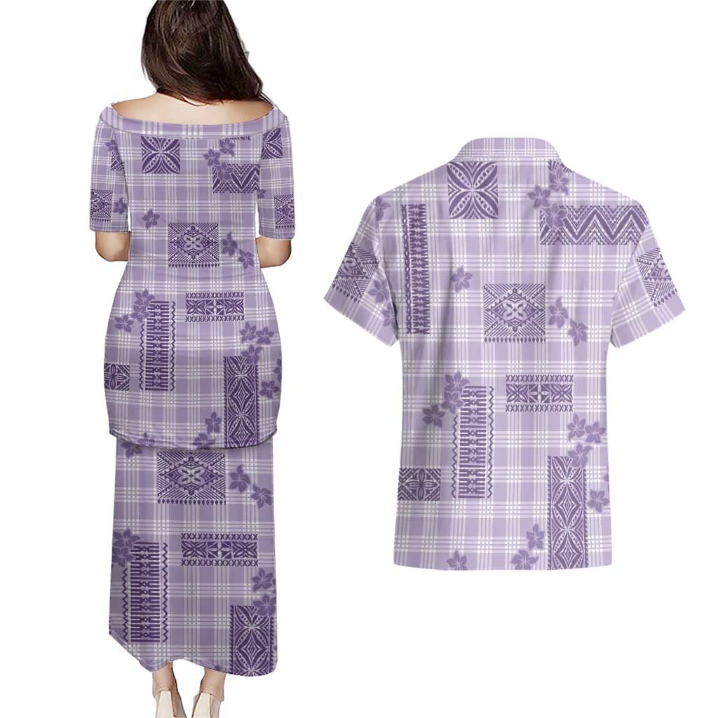 Hawaiian Quilt Tapa On Lilac Palaka Motifs Couples Matching Puletasi and Hawaiian Shirt