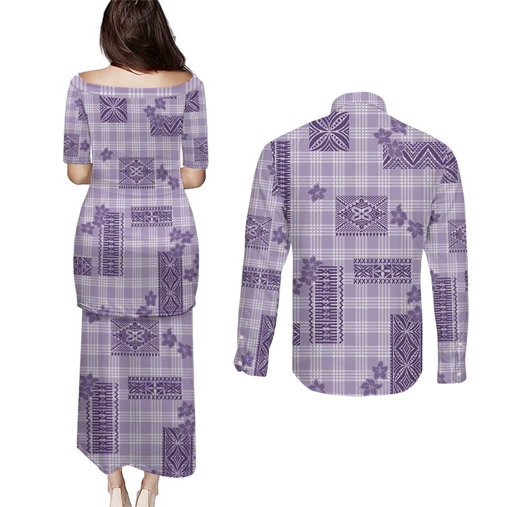 Hawaiian Quilt Tapa On Lilac Palaka Motifs Couples Matching Puletasi and Long Sleeve Button Shirt