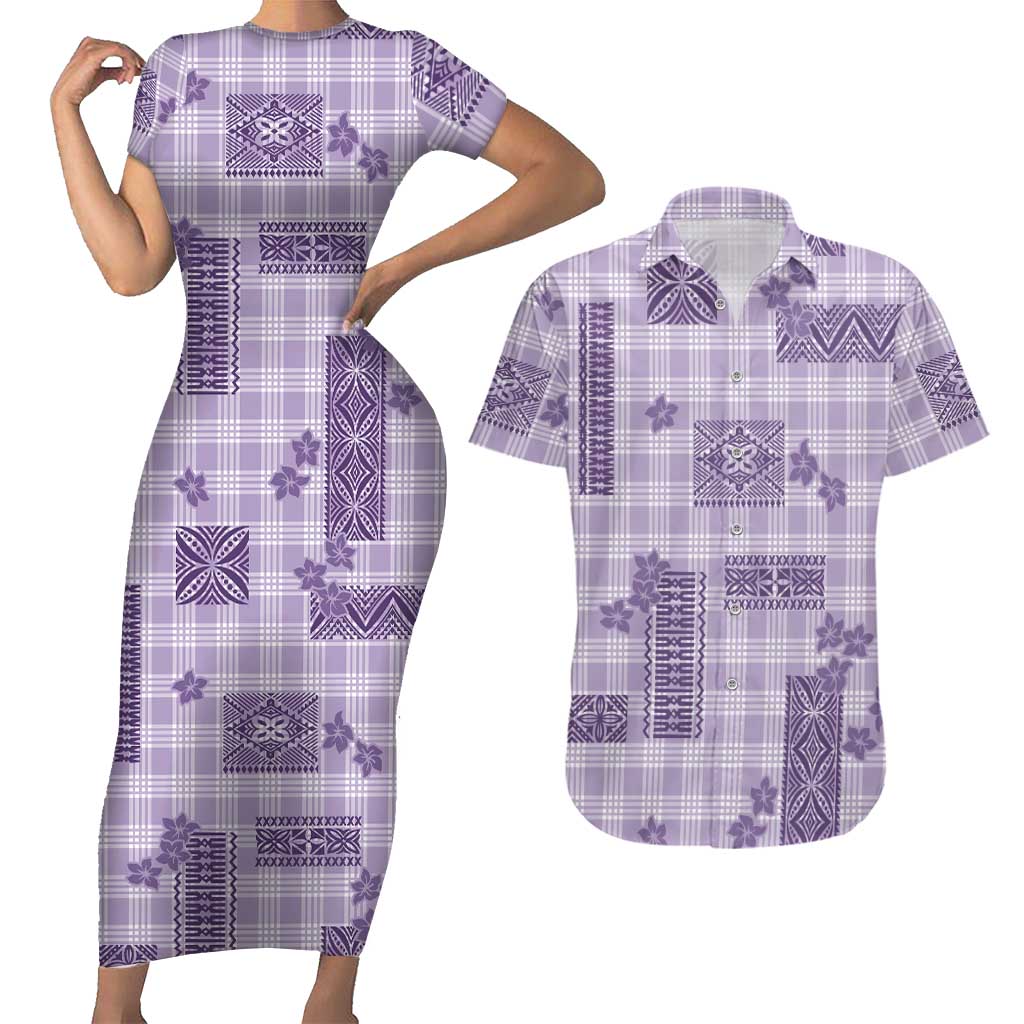 Hawaiian Quilt Tapa On Lilac Palaka Motifs Couples Matching Short Sleeve Bodycon Dress and Hawaiian Shirt LT7 Lilac - Polynesian Pride