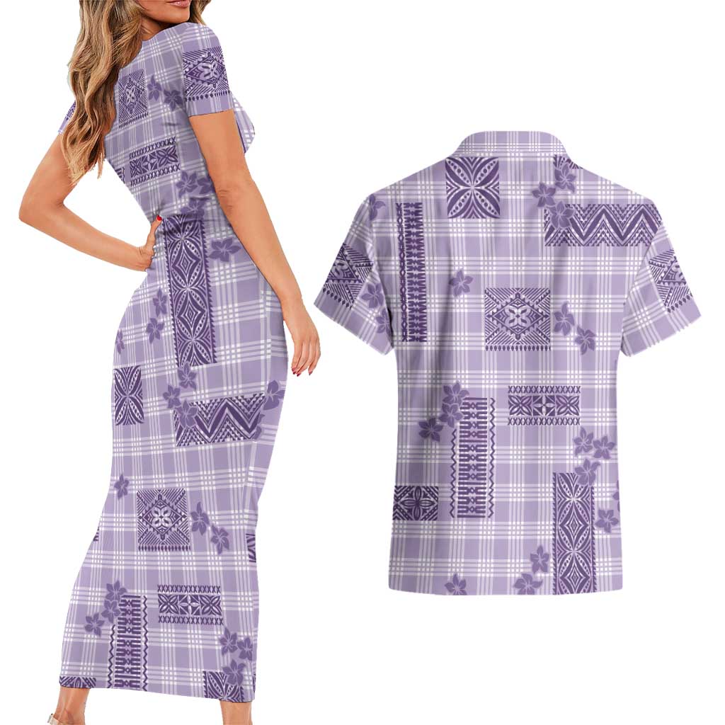 Hawaiian Quilt Tapa On Lilac Palaka Motifs Couples Matching Short Sleeve Bodycon Dress and Hawaiian Shirt LT7 - Polynesian Pride
