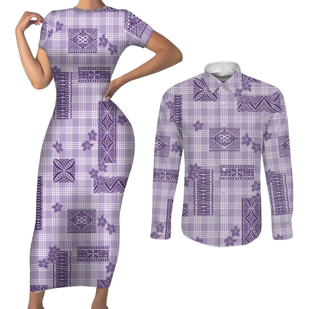 Hawaiian Quilt Tapa On Lilac Palaka Motifs Couples Matching Short Sleeve Bodycon Dress and Long Sleeve Button Shirt