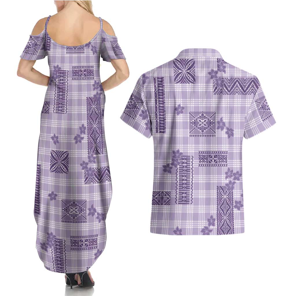 Hawaiian Quilt Tapa On Lilac Palaka Motifs Couples Matching Summer Maxi Dress and Hawaiian Shirt