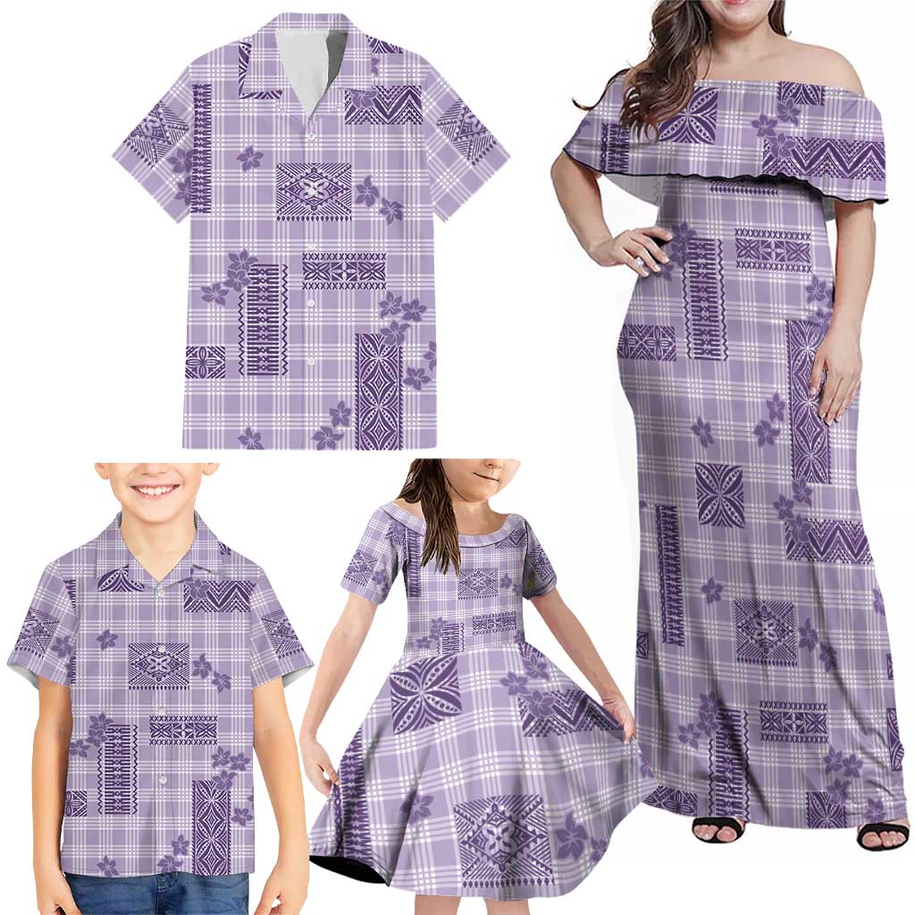 Hawaiian Quilt Tapa On Lilac Palaka Motifs Family Matching Off Shoulder Maxi Dress and Hawaiian Shirt