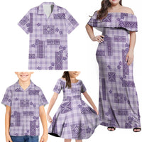 Hawaiian Quilt Tapa On Lilac Palaka Motifs Family Matching Off Shoulder Maxi Dress and Hawaiian Shirt