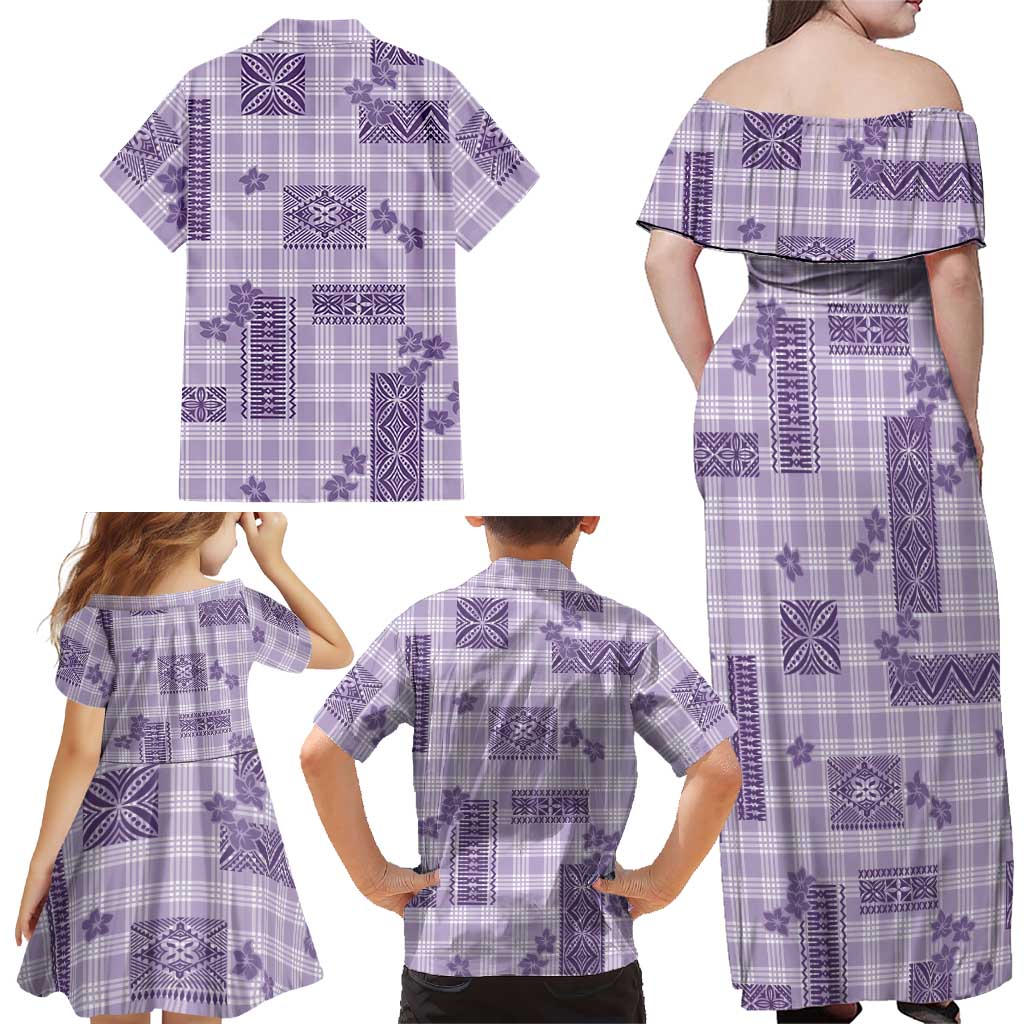 Hawaiian Quilt Tapa On Lilac Palaka Motifs Family Matching Off Shoulder Maxi Dress and Hawaiian Shirt
