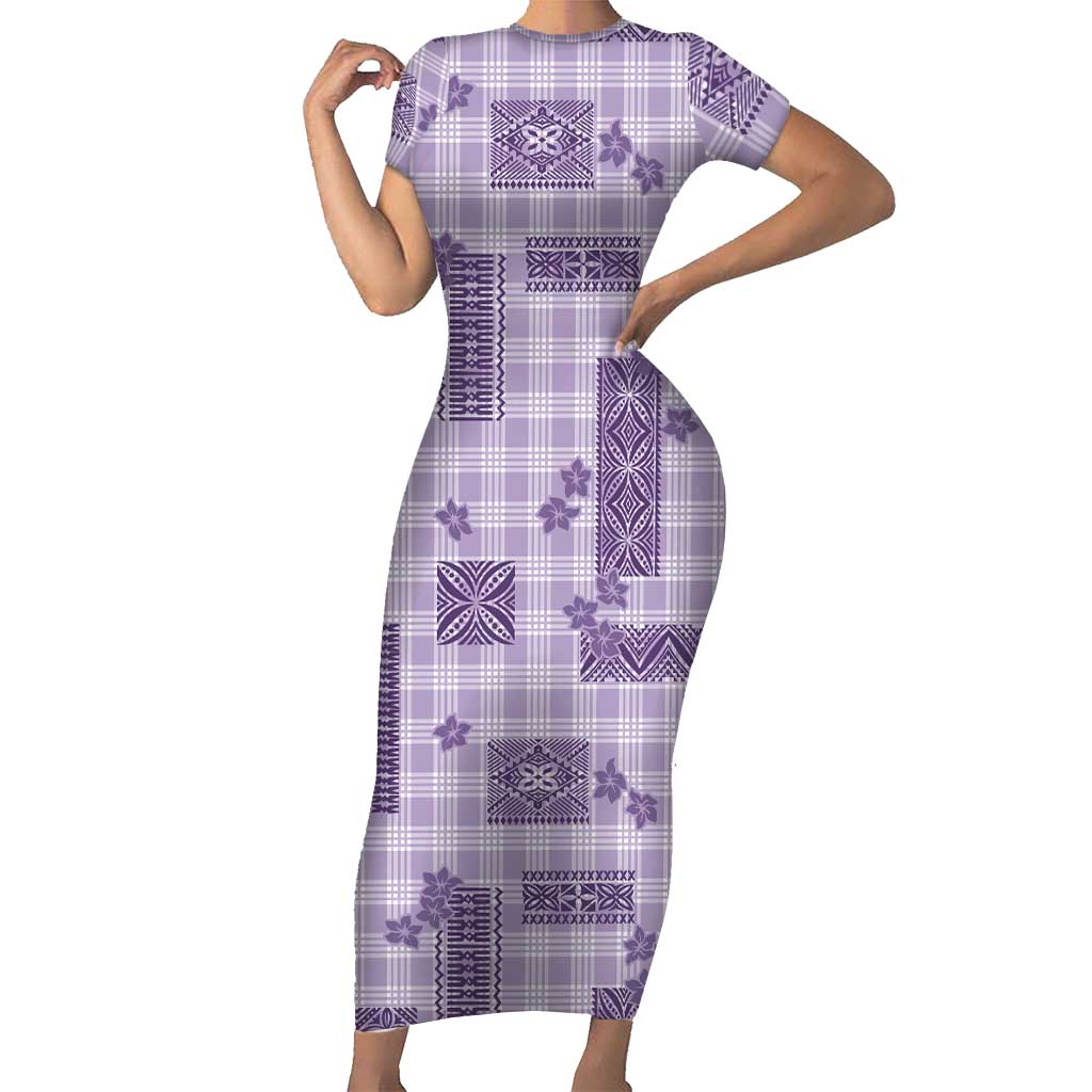 Hawaiian Quilt Tapa On Lilac Palaka Motifs Family Matching Short Sleeve Bodycon Dress and Hawaiian Shirt