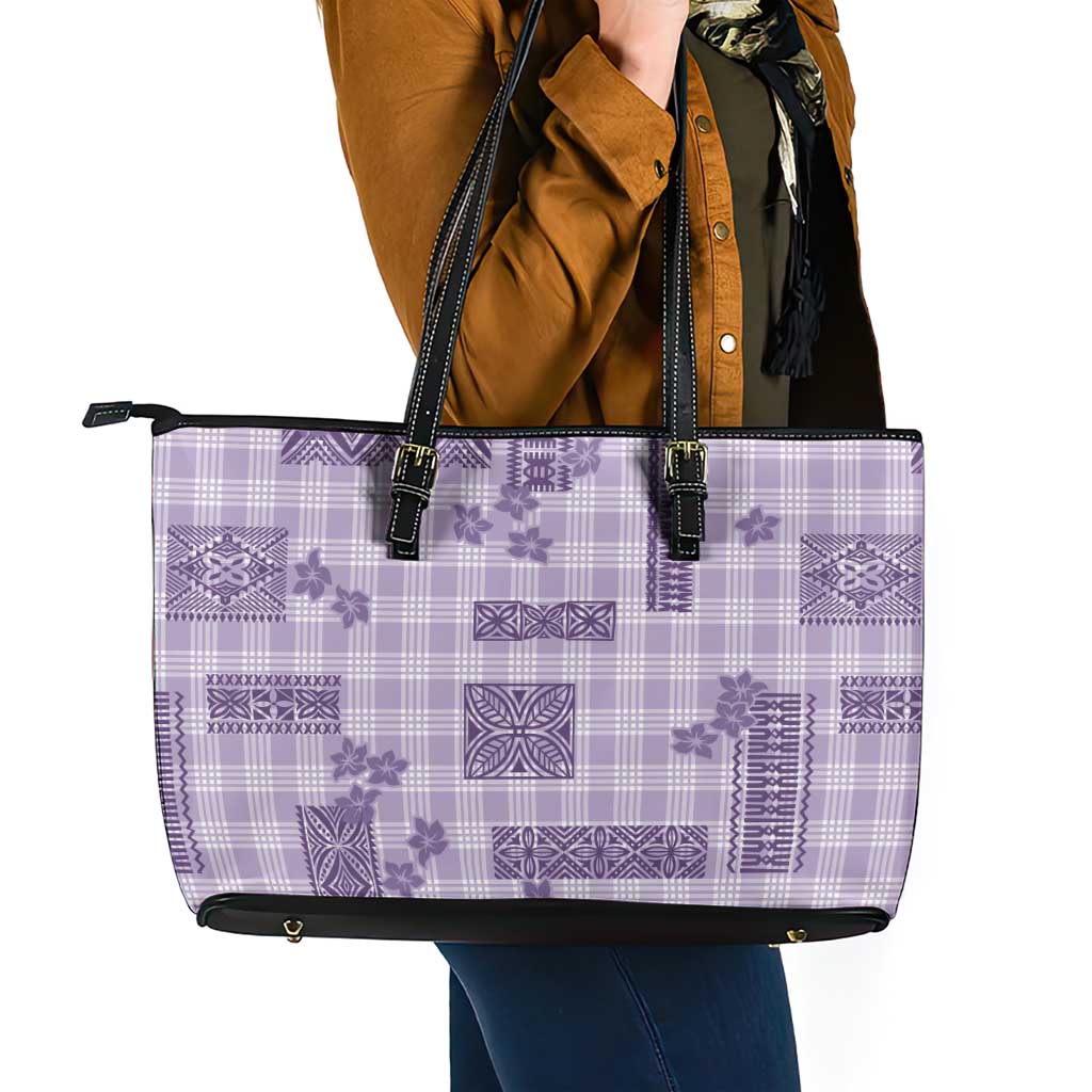Hawaiian Quilt Tapa On Lilac Palaka Motifs Leather Tote Bag