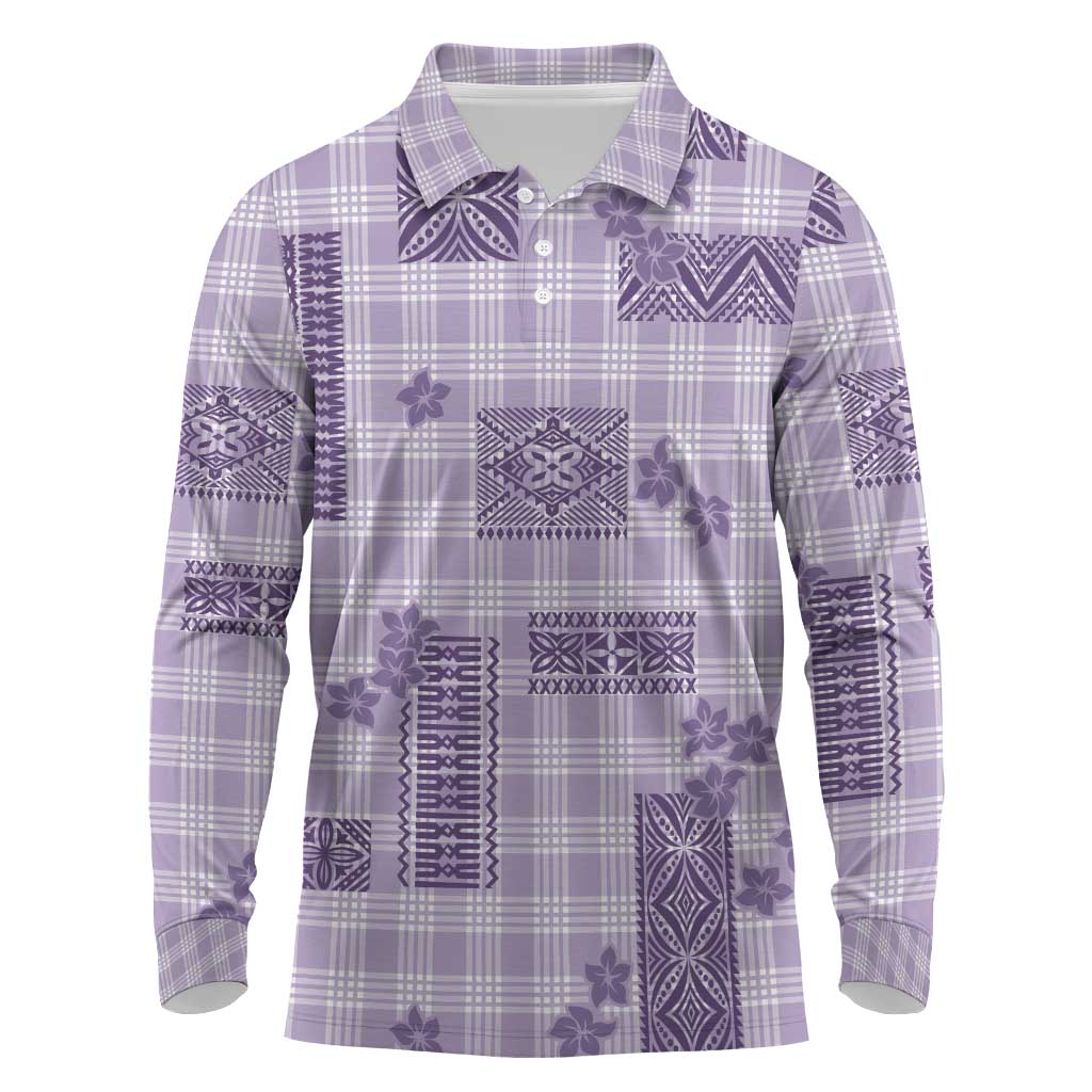 Hawaiian Quilt Tapa On Lilac Palaka Motifs Long Sleeve Polo Shirt LT7 Lilac - Polynesian Pride