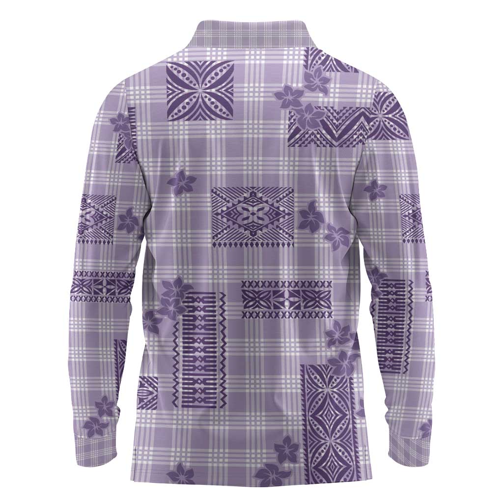 Hawaiian Quilt Tapa On Lilac Palaka Motifs Long Sleeve Polo Shirt LT7 - Polynesian Pride
