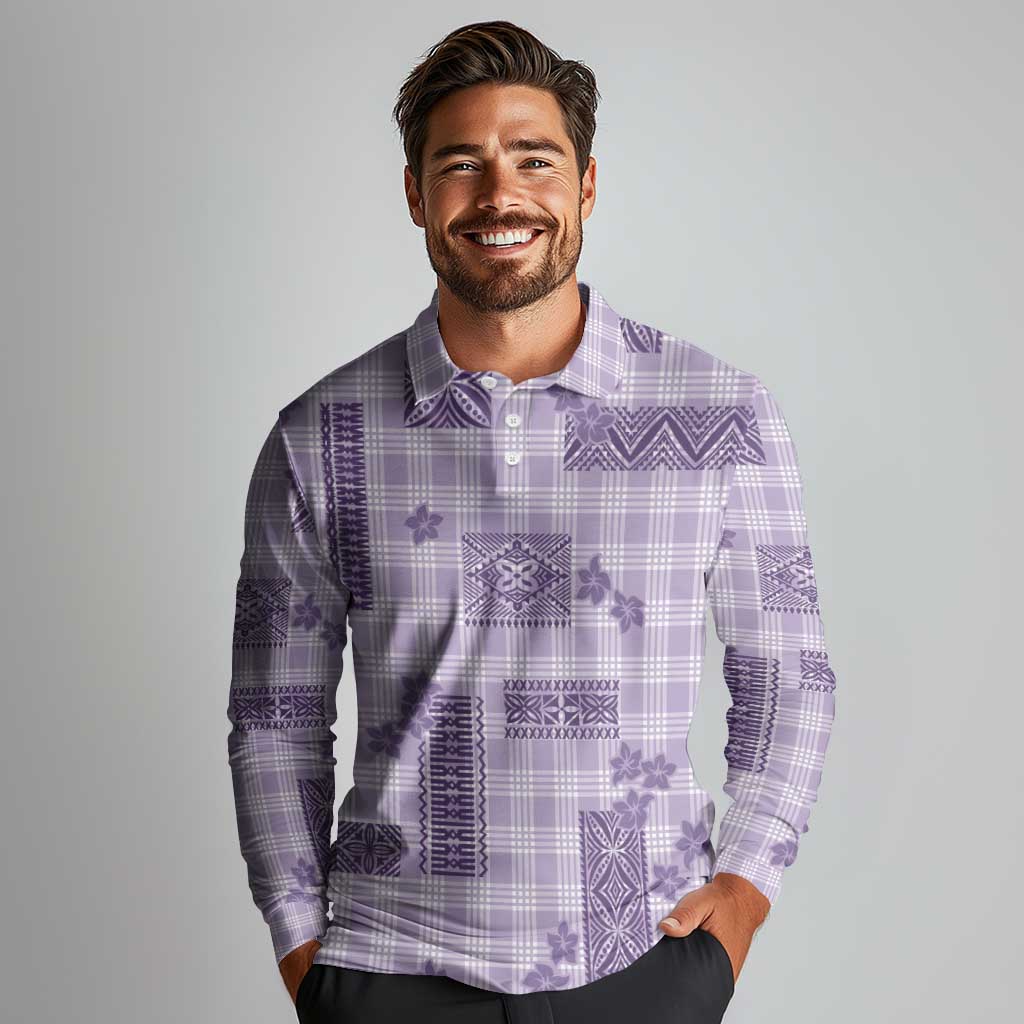 Hawaiian Quilt Tapa On Lilac Palaka Motifs Long Sleeve Polo Shirt LT7 - Polynesian Pride