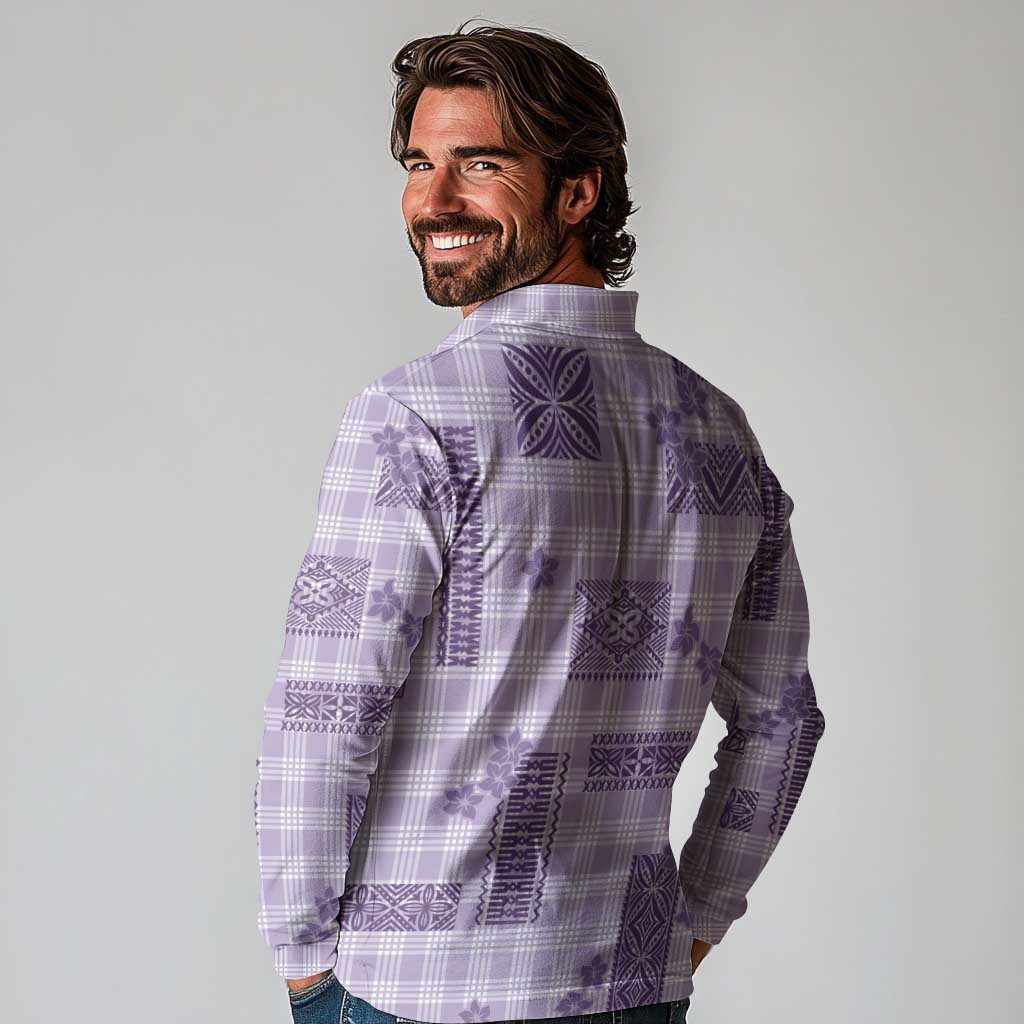 Hawaiian Quilt Tapa On Lilac Palaka Motifs Long Sleeve Polo Shirt LT7 - Polynesian Pride