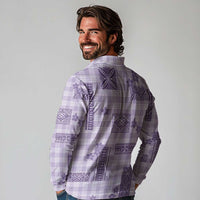 Hawaiian Quilt Tapa On Lilac Palaka Motifs Long Sleeve Polo Shirt LT7 - Polynesian Pride