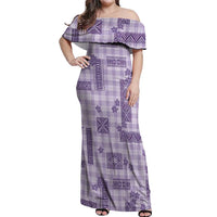 Hawaiian Quilt Tapa On Lilac Palaka Motifs Off Shoulder Maxi Dress