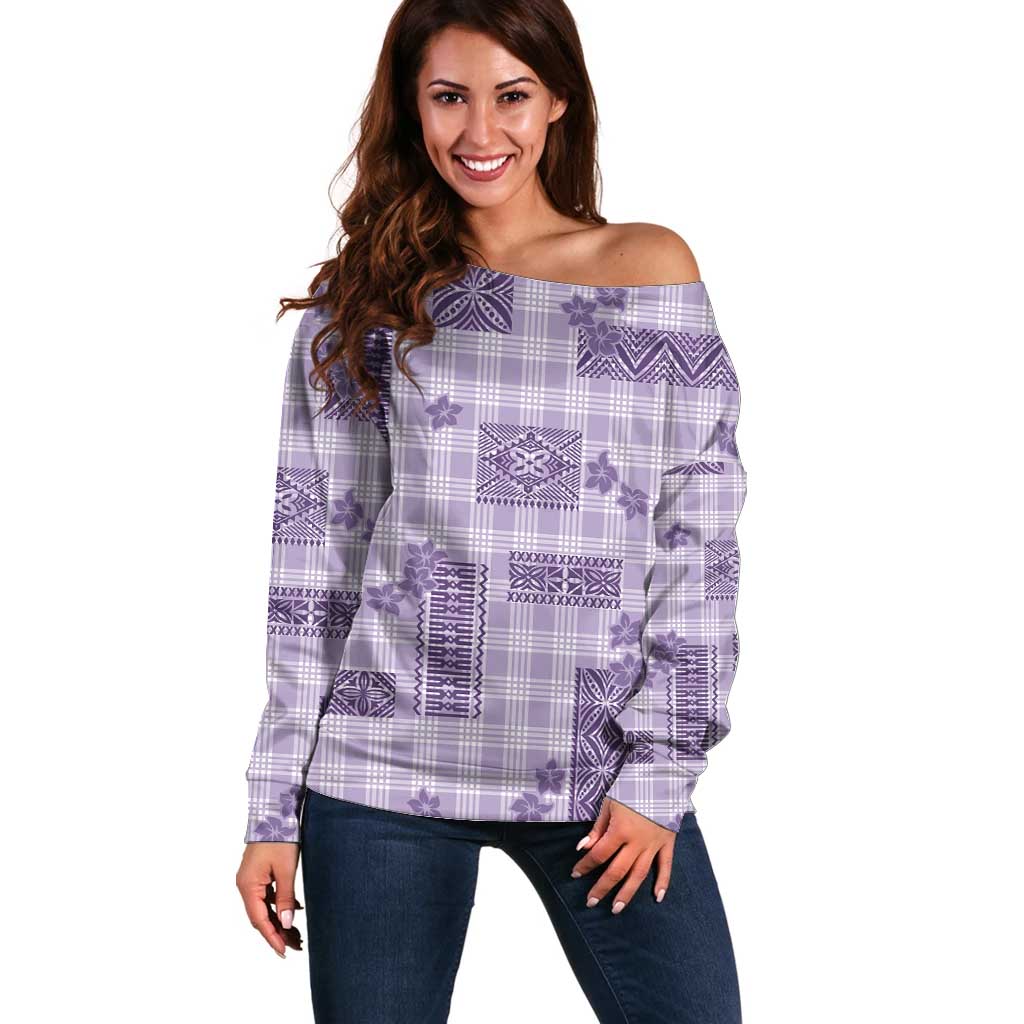 Hawaiian Quilt Tapa On Lilac Palaka Motifs Off Shoulder Sweater LT7 Women Lilac - Polynesian Pride
