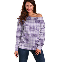Hawaiian Quilt Tapa On Lilac Palaka Motifs Off Shoulder Sweater LT7 Women Lilac - Polynesian Pride