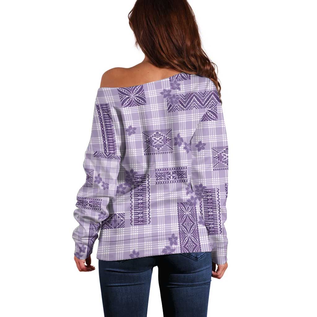 Hawaiian Quilt Tapa On Lilac Palaka Motifs Off Shoulder Sweater LT7 - Polynesian Pride