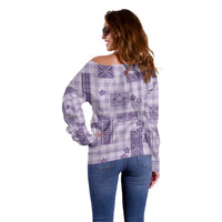 Hawaiian Quilt Tapa On Lilac Palaka Motifs Off Shoulder Sweater LT7 - Polynesian Pride