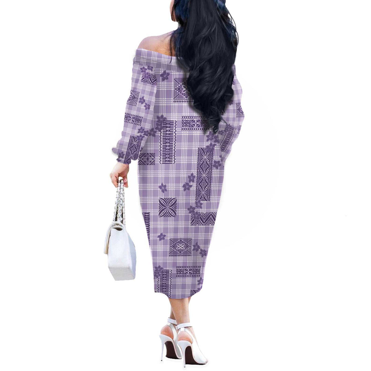 Hawaiian Quilt Tapa On Lilac Palaka Motifs Off The Shoulder Long Sleeve Dress
