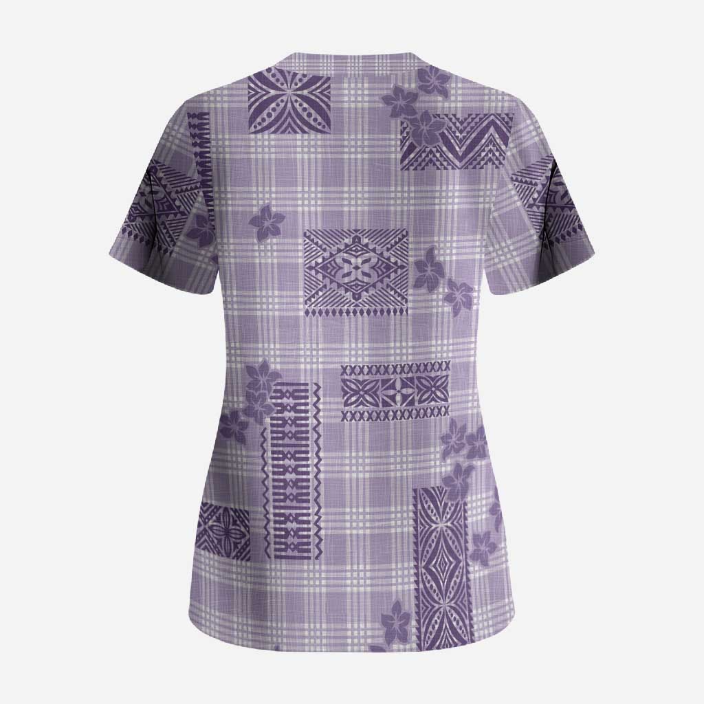 Hawaiian Quilt Tapa On Lilac Palaka Motifs Scrub Top
