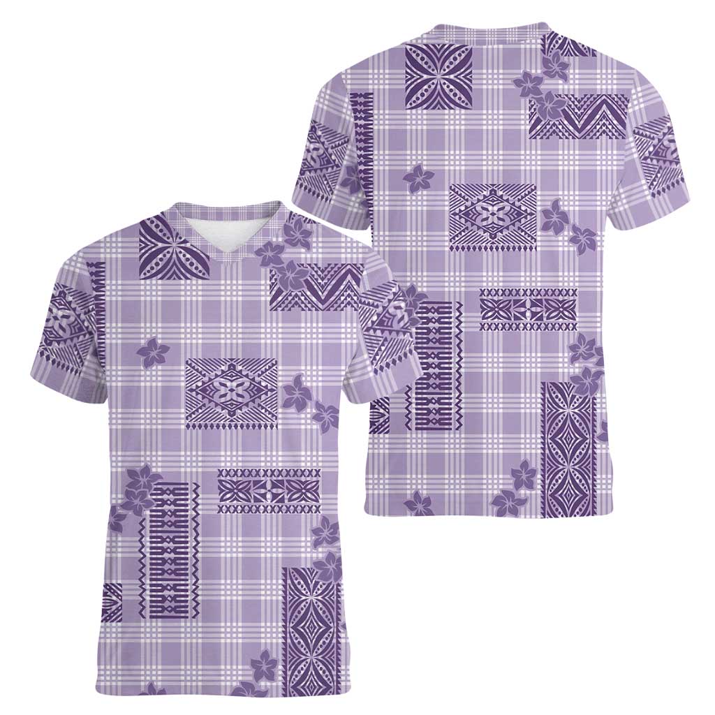 Hawaiian Quilt Tapa On Lilac Palaka Motifs Women V-Neck T-Shirt